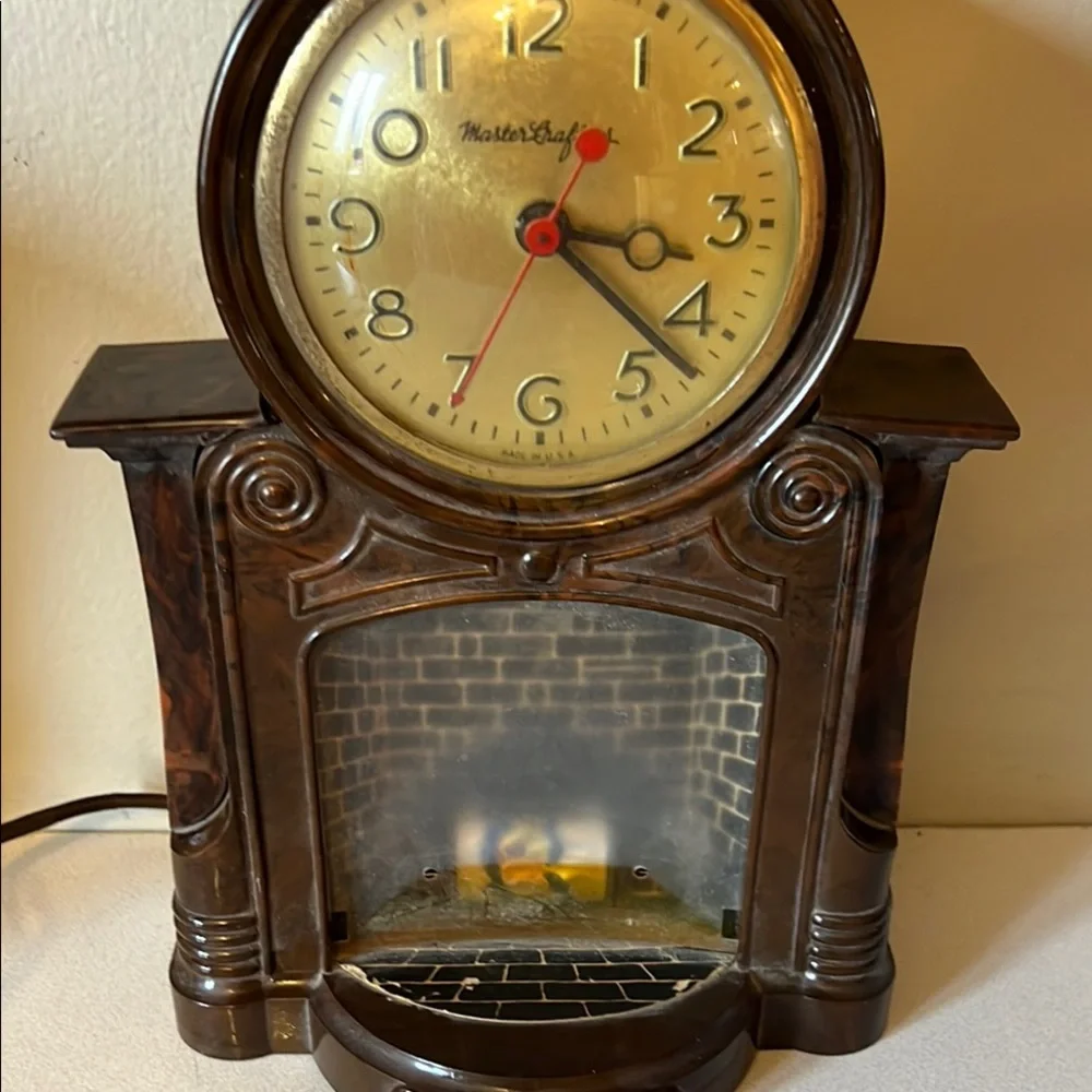 Brown Mantel Clock with Fireplace Design